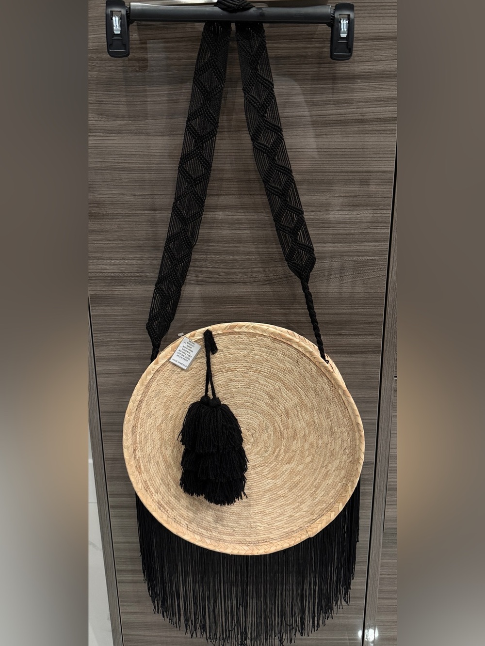 Round Woven Straw Crossbody with Black Tassels